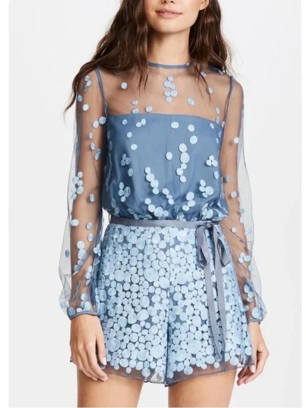 Alexis Marguerite Romper Powder Blue Sheer Dot-Appliqué